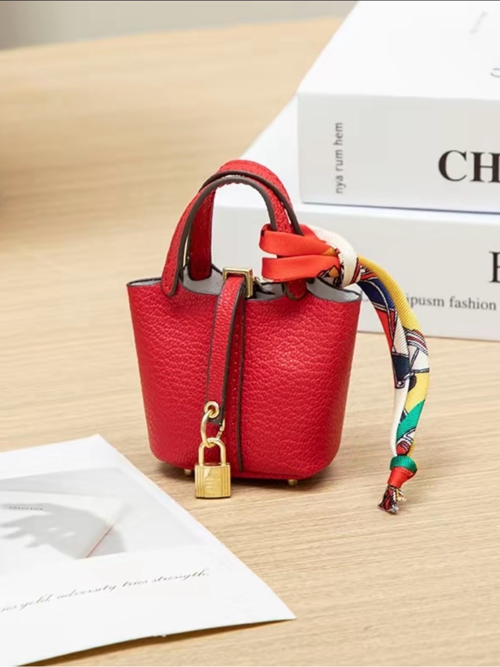 Mini Orange Leather-Texture Bucket Bag with Scarf Accent - Picture 2 of 4